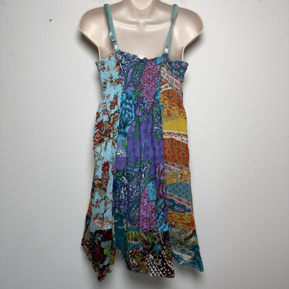 VTG Y2K No Boundaries Women 100% Cotton Babydoll Mini Dress M Patchwork Boho - Picture 4 of 7
